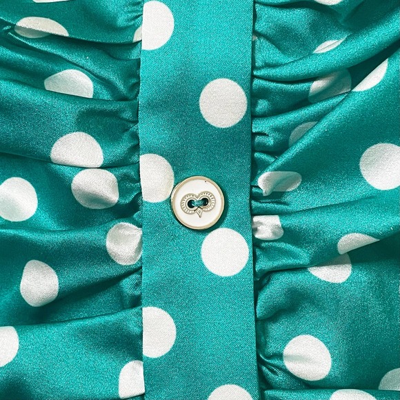 Caroline Constas Turquoise Poppy Ruched Silk Mini Polka Dot Ruffle Hem - Picture 4 of 6